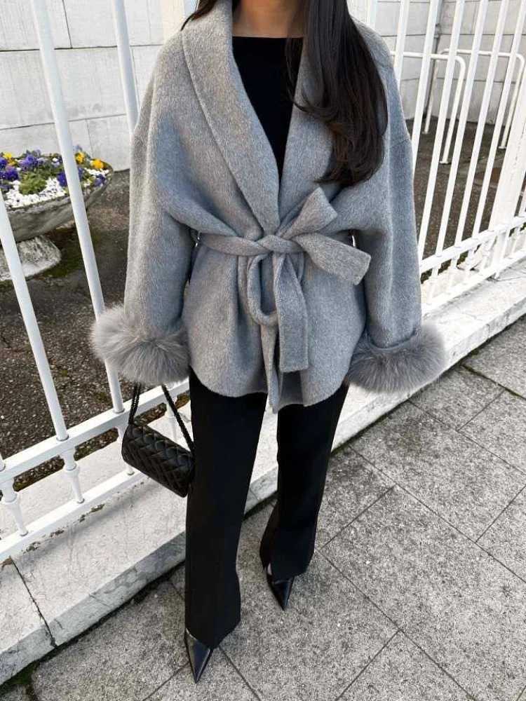 Grey Lace Up Faux Fur Sleeve Jacket Luxury Womens Mid-length V-neck Woolen Blend Coat Autumn Casual Fashion Scarf Outwear 2025T251224