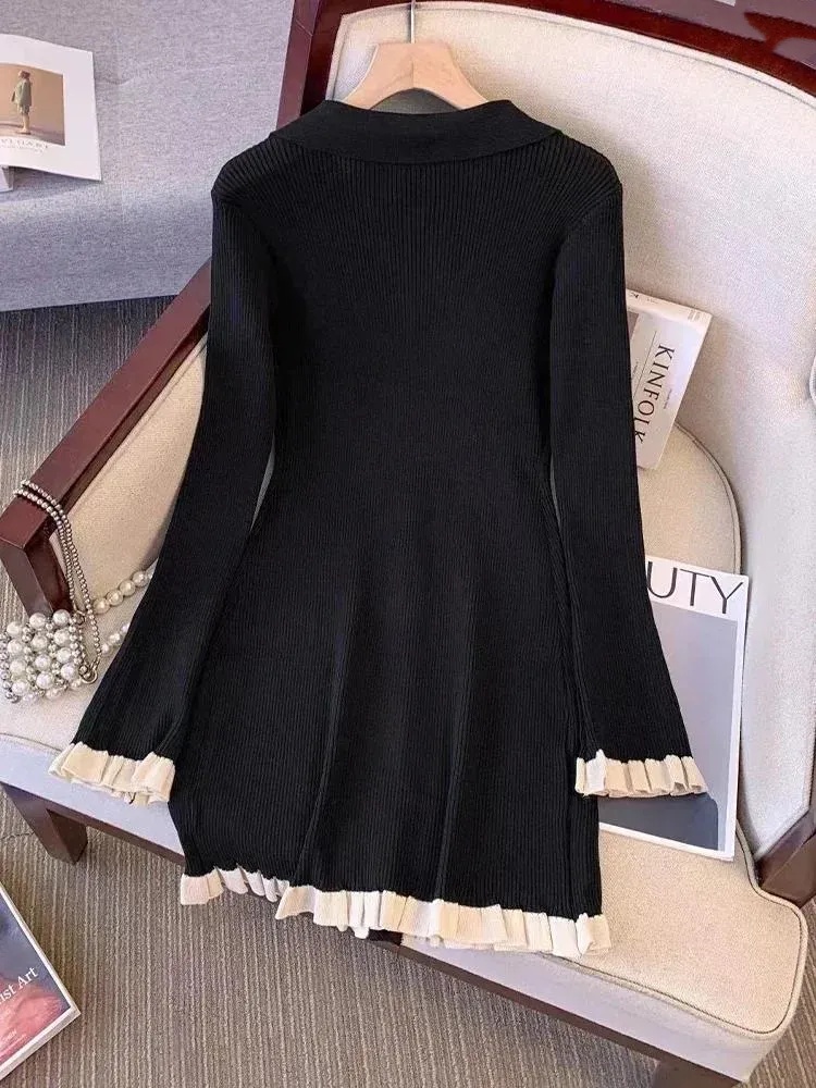 Casual Dresses Autumn Winter French Fashion Old Money Long Sleeve Knit Dress Women 2000s V-Neck Frock Mini One-Piece Vintage Coquette