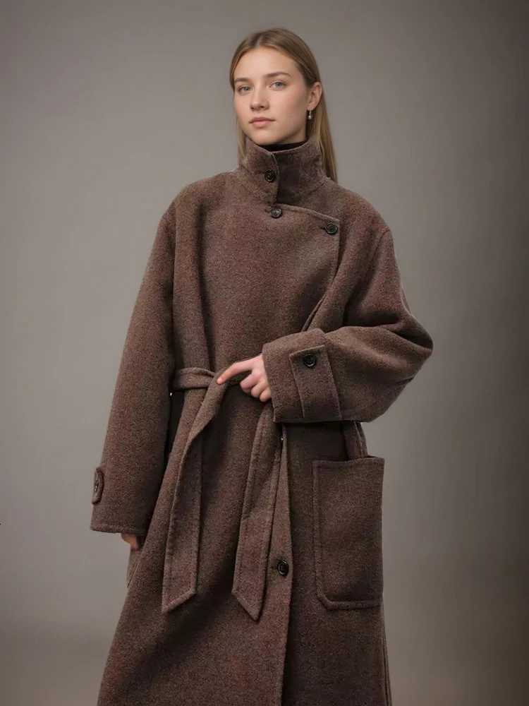 DEAT Fashion Brown Double Side Woolen Coat Womens Lapel Loose Single Breasted Big Pockets Sashes Blends Overcoat Autumn NewT251224