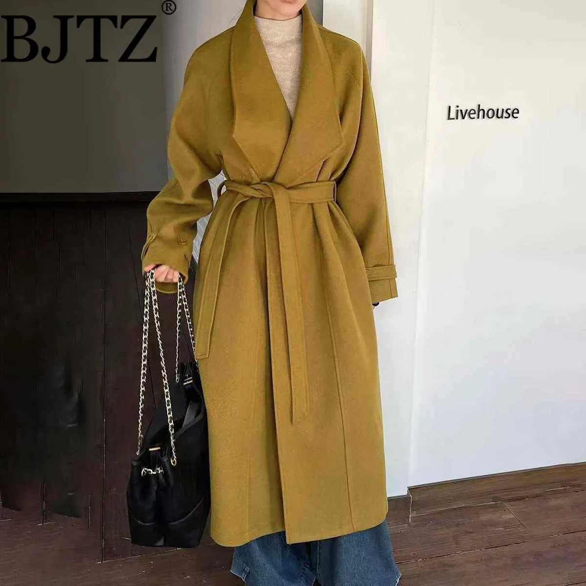 BJTZ Solid Color Big Lapel Designer Long Woolen Jacket For Woman 2025 Autumn Winter New Trend Belted Tie-waist Wool CoatT251224