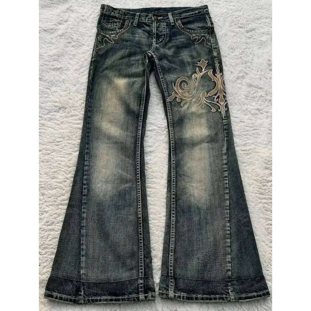 HOUZHOU Vintage Embroidery Patchwork Women Flared Jeans Y2k Harajuku Wide Leg American Style Denim Pants Baggy Punk Streetwear X251224