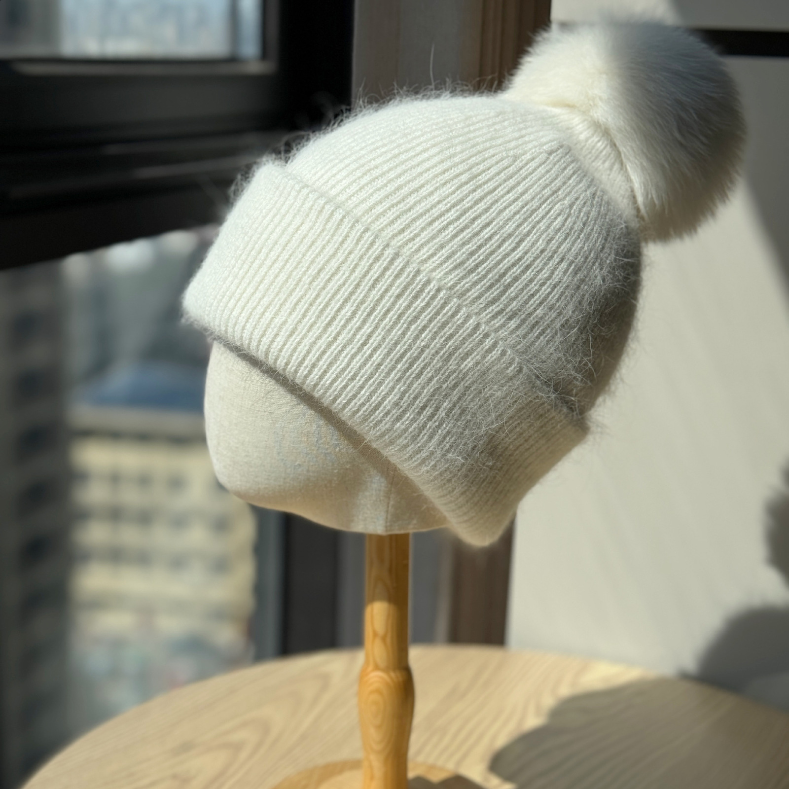 New Style Fox Fur Ball Hat for Women Winter Solid Color Woolen Thread Hat Face Slimming Ear Protection Knitted Thickened Warmth Cold Protection