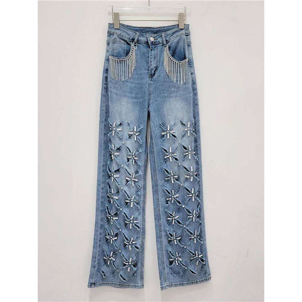 DEAT Women's Denim Pants Broken Holes Diamonds Tassel Design Female Blue Straight Long Jeans 2025 Summer New Fashion 29L8046 X251224