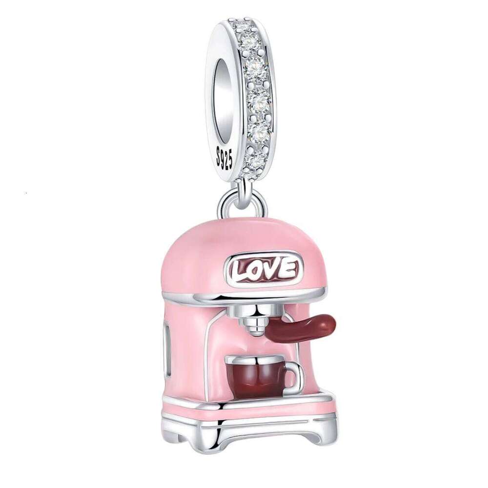 925 Sterling Silver Pink Coffee Machine Love Pendant Charm Fit Original Charms Bracelets Women DIY Jewelry Gift X251224