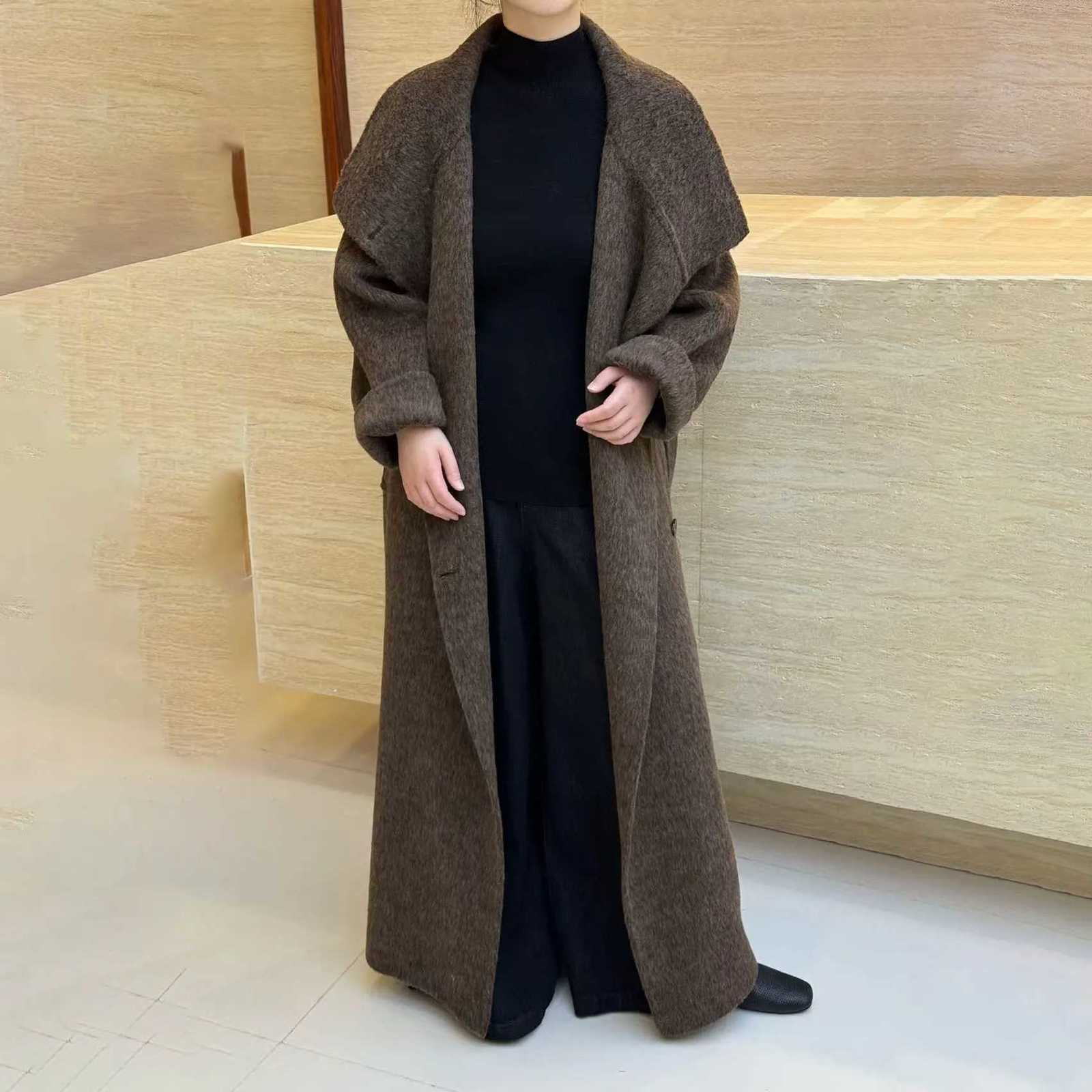 BJTZ Lace-up Tie-waist Single Breasted Long Woolen Coat For Woman 2025 Winter New Loose Versatile Office Lady Temperament JacketT251224