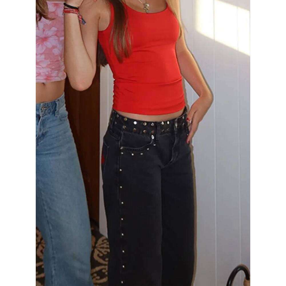 Fashion Dropped Riveted Denim Trousers Women High Street Straight Floor-length Solid Pants Autumn Winter All-match Y2K Jeans X251224