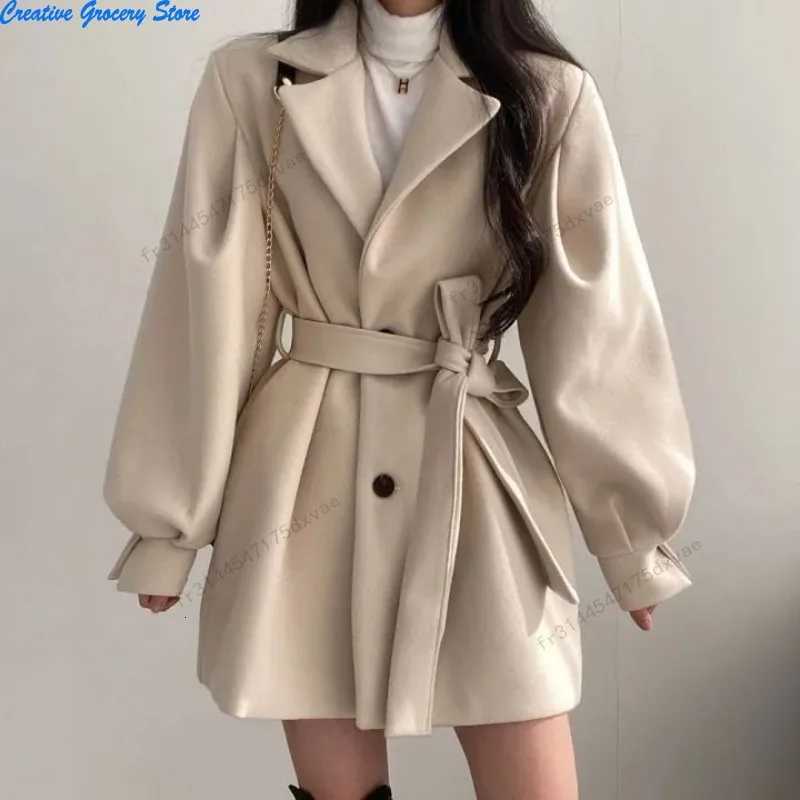 Korean Version Autumn and Winter Loose Style Coat Womens Woolen Suit Collar Medium and Long Small Woolen Coat WomenT251224