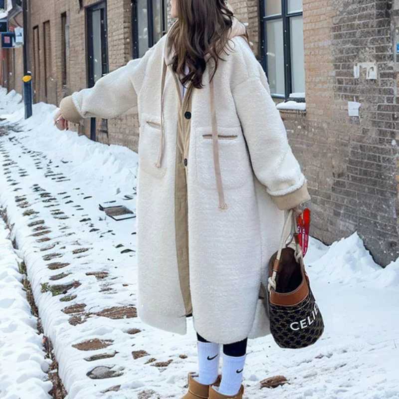 Hooded Wool Coats Women Autumn Winter Thicken Korean Style Casual Lambswool Loose Simple All-match Streetwear Patchwork ElegantT251224