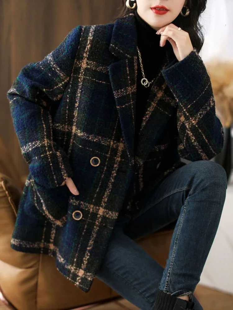 Retro Winter Coat for Women Turn-down Collar Double Breasted Fashion Jackets for Women Check Stitching Versatile Woolen CoatT251224
