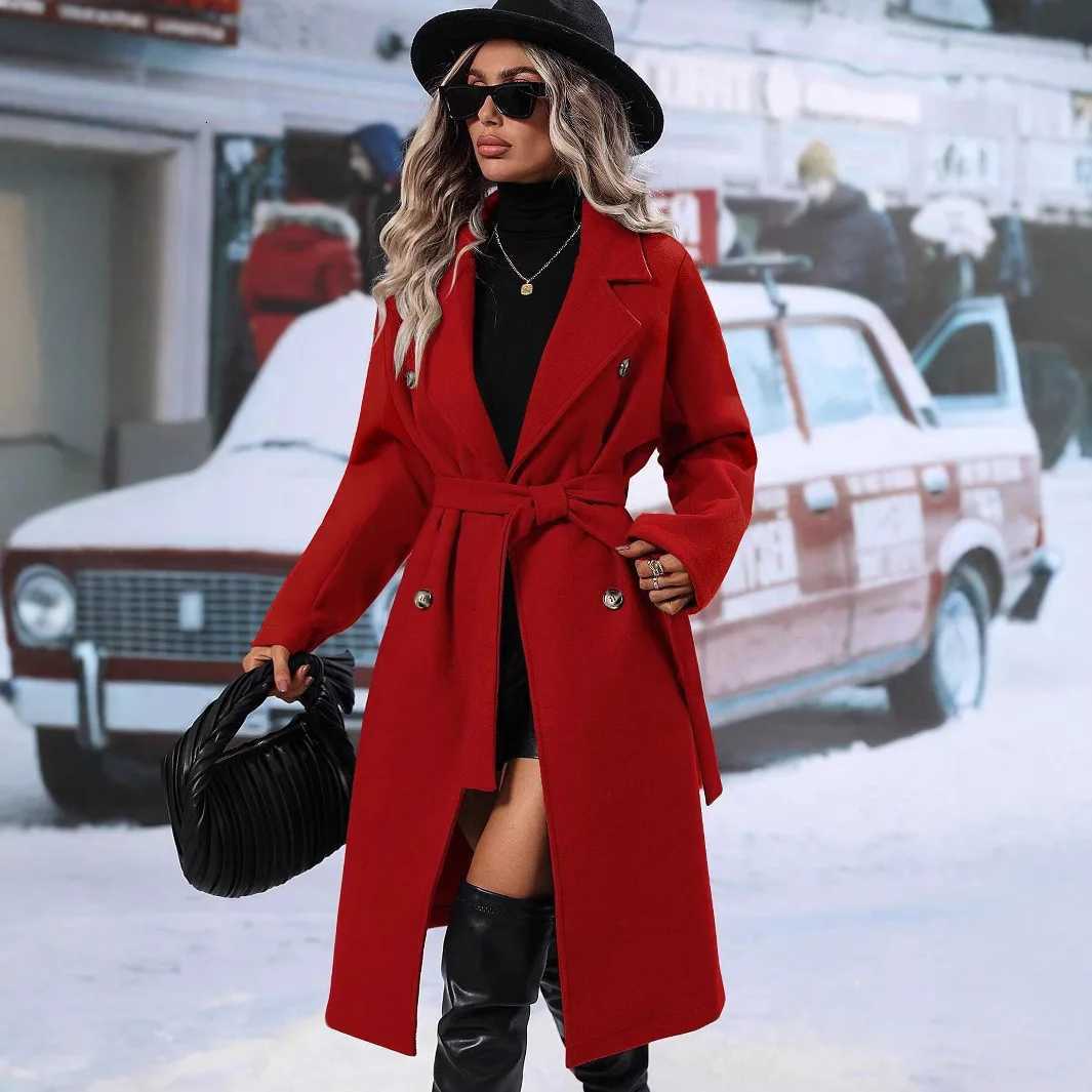 Women Turn Down Collar Thick Midi Length Wool Coat Pockets Casual Full Sleeve Double Breasted Blends Coats 2025 Autumn WinterT251224