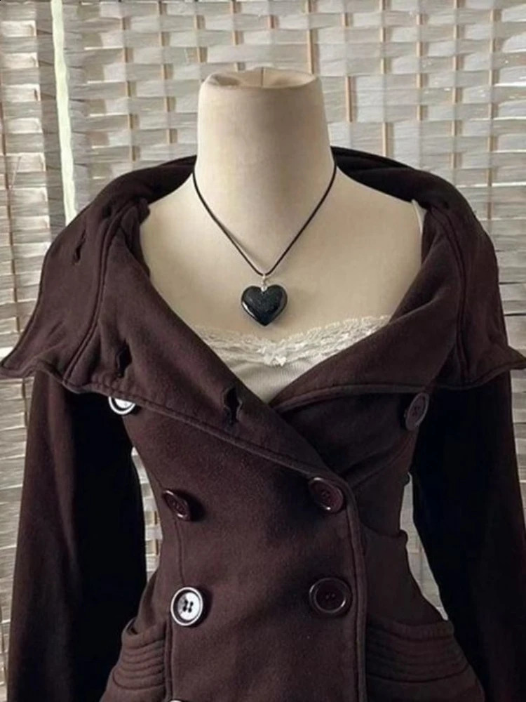 French Vintage High Street Hooded Coat Women Fashion Slim Double-breasted Jacket Aesthetic Fit Chic Retro Y2k Outfit 251223