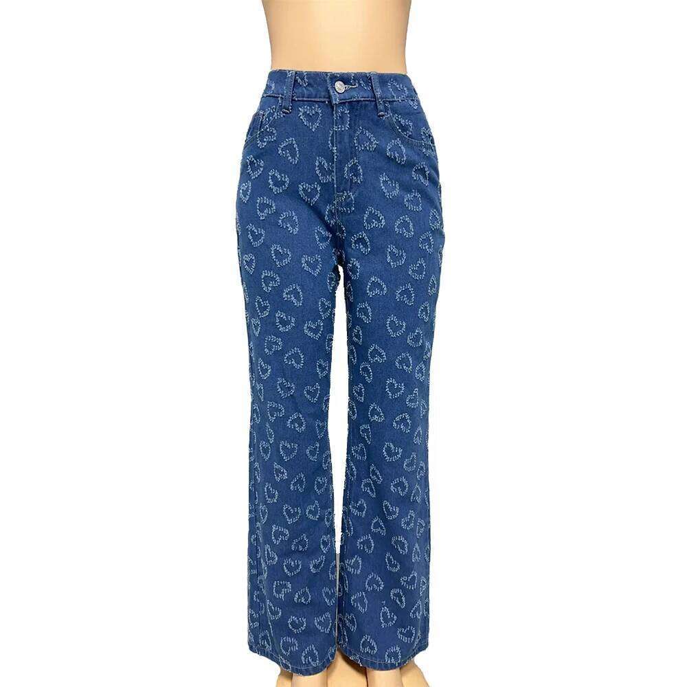 2025 Women Jeans Straight Pants Streetwear High Waist Heart Hook Flower Button Pockets Washed Distressed Vintage Trousers Denims X251224