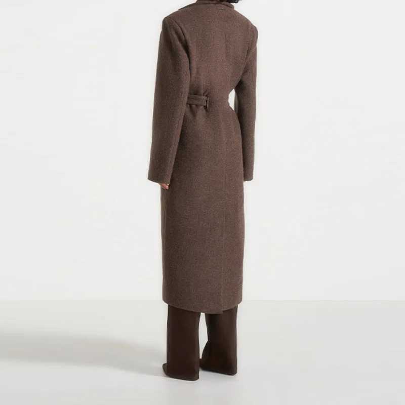 Vintage Long Woolen Blend Overcoats for Women Lapel Full Sleeve Maxi Coat with Waistbelt Shoulder Pad Jacket New Winter OutwearsT251224