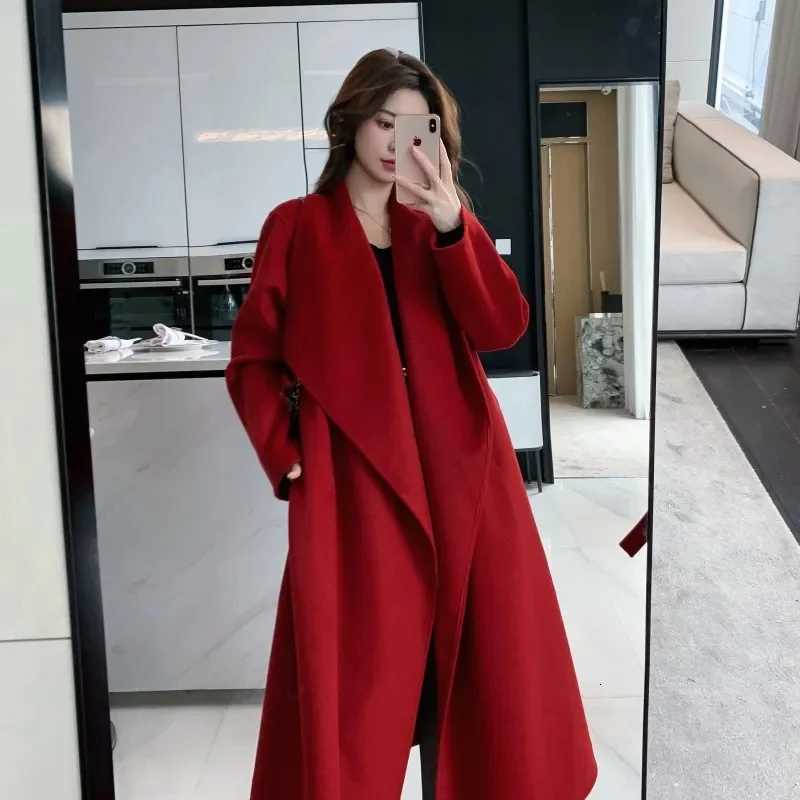 100 Wool Coat Womens Wear 2025 Autumn/Winter Fashion Temperament Double sided Cashmere Coats with Belt Elegant Long OvercoatT251224