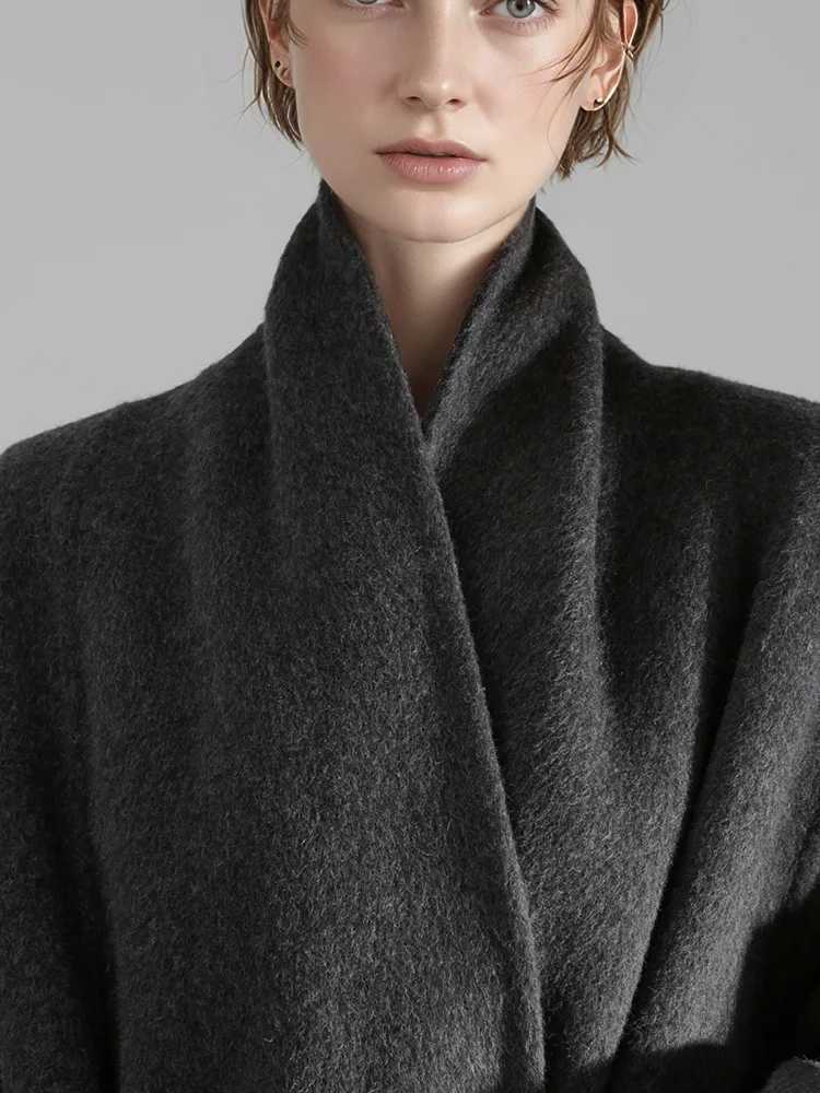 Bathrobe Style Loose 100Wool Coat Women Fashio Elegant Autumn Winter Jacket 2025T251224