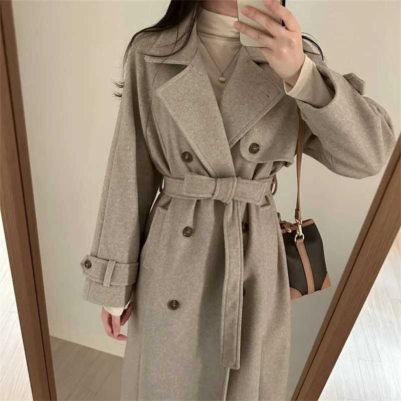 2025 Winter New Product Womens Fashion and Casual Lace-Up Versatile Flip Collar Double Breasted Button Long Woolen CoatT251224