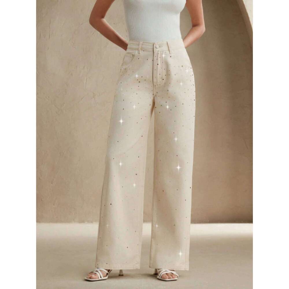 2025 autumn new style white women's wide-leg jeans with colorful diamond design loose fit slimming effect and good draping qua X251224
