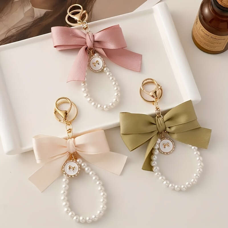 Large Bowknot Pearl Keychain Pendant Creative Colorful Ribbon Cloth Knot Accessories Earphone Case Bag Accessory