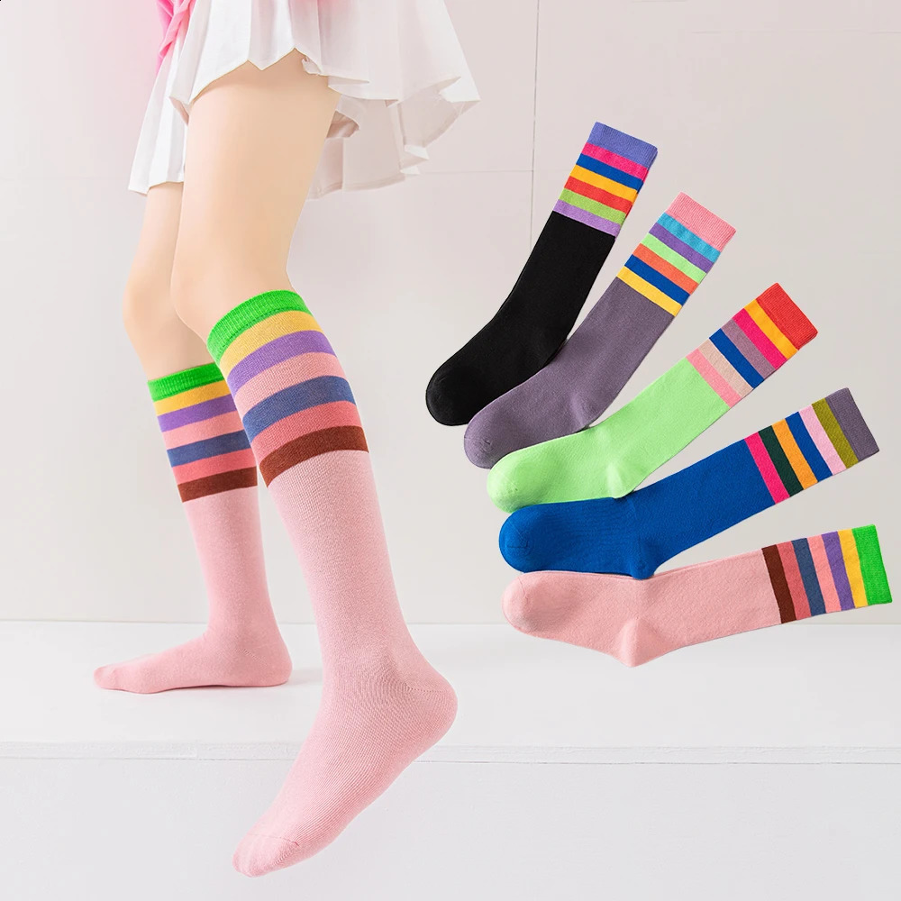 312Y Boys And Girls Cotton Socks Knee High Colorful Stripped Kids Long Tube Baby Stockings Childrens Sports Sock School 251210