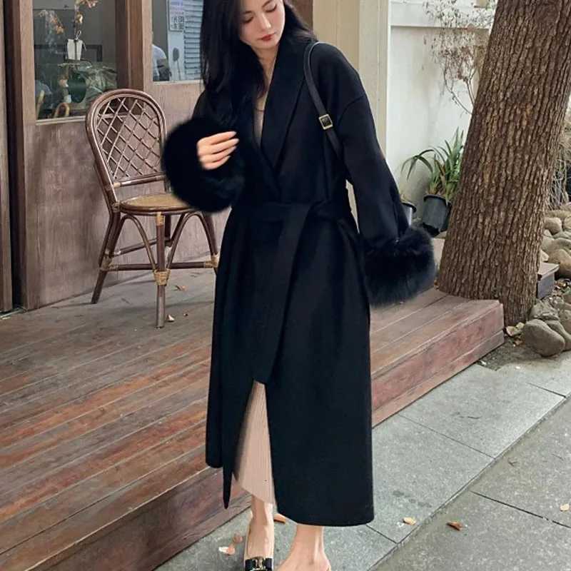 Autumn Winter New Double-Sided Cashmere High Quality Womens Woolen Coat 2025 Fashionable Fox Fur Sleeve Women Woolen Coat H700T251224