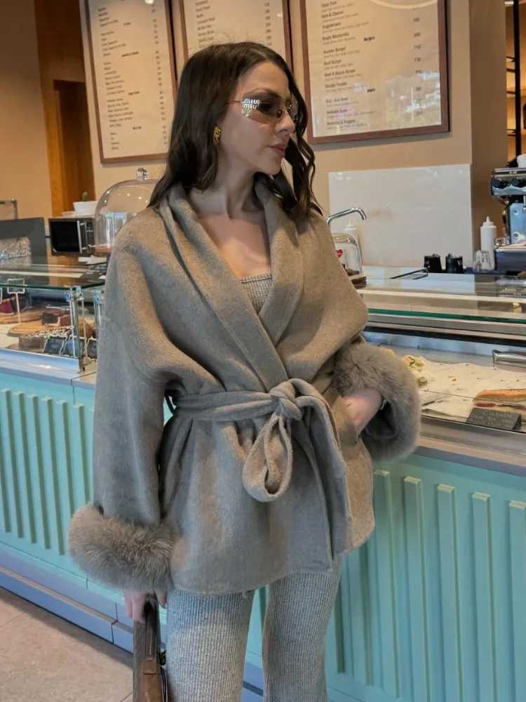 Grey Lace Up Faux Fur Sleeve Jacket Luxury Womens Mid-length V-neck Woolen Blend Coat Autumn Casual Fashion Scarf Outwear 2025T251224