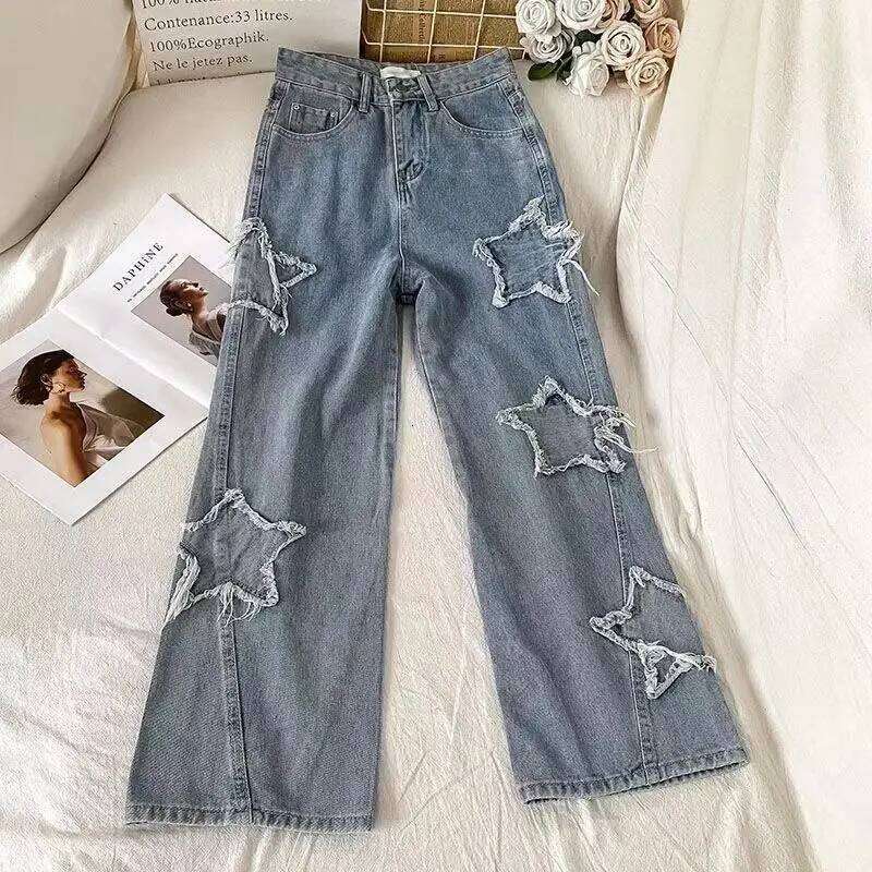 Five pointed star patch denim fashionable loose Korean Ins style spring and autumn new high waisted straight leg mop jeans X251224