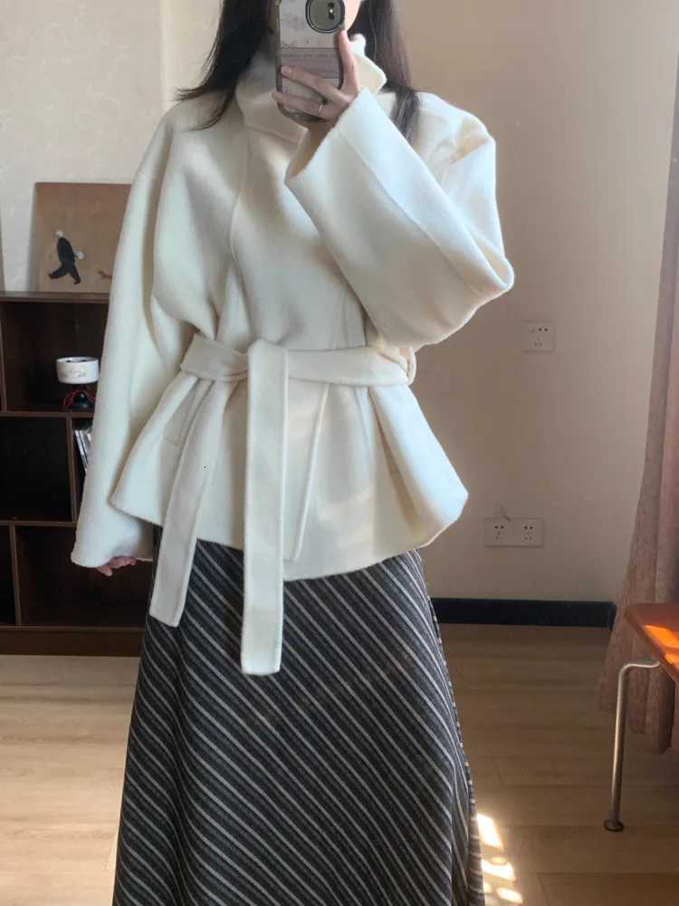 DFDG 2025 Fall Winter Womens Handmade Wool Coat Double-Faced Belted Cropped Jacket Oversized Stand Collar Designer OuterwearT251224