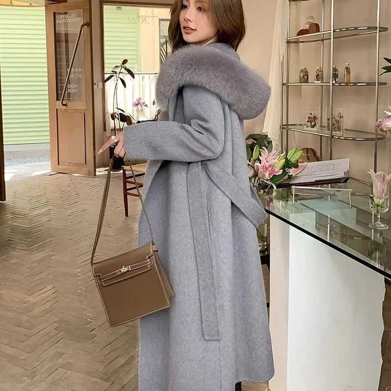 Overcoat 2025 New Fashion Womens Woolen Coat Winter Temperament Large Fur Collar Solid Color Womens Woolen Coat H87T251224