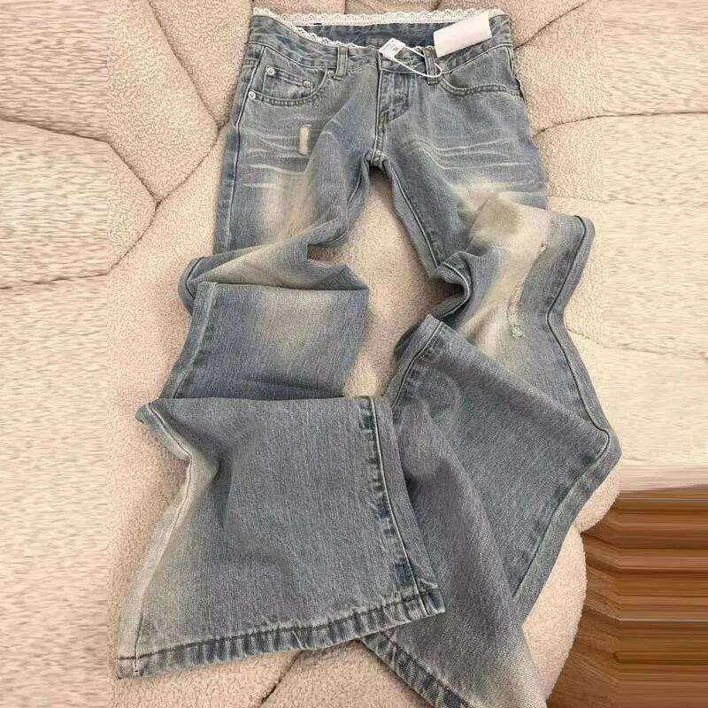 Light Wash Flared Jeans Women Plus Size Lace Low Rise Floor Length Slim Fit Bell Bottom Pants Trendy Design for Curvy Ladies X251224