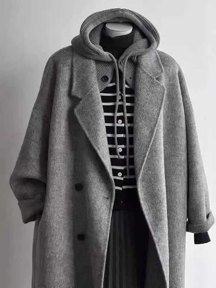 Dark Gray Double-Sided Woolen Coat For Women In Autumn And Winter 2025 New Hepburn Style High-End Mid Length JacketT251224