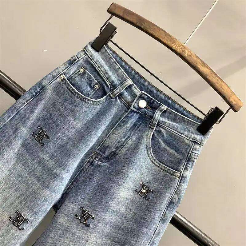 Letter embroidery Hot Diamond Denim Wide Trousers Women's 2025 New High waisted Loose Straight leg Jeans Floor length Pants X251224