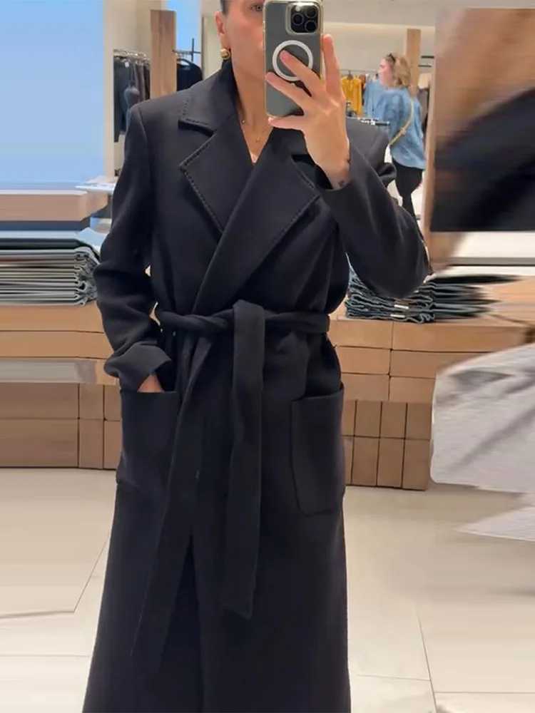 2025 Autumn Winter Womens Lapel Long Coat with Belt Elegant Lace Up Pockets Female Solid Jackets Fashion Lady Outerwear StreetT251224