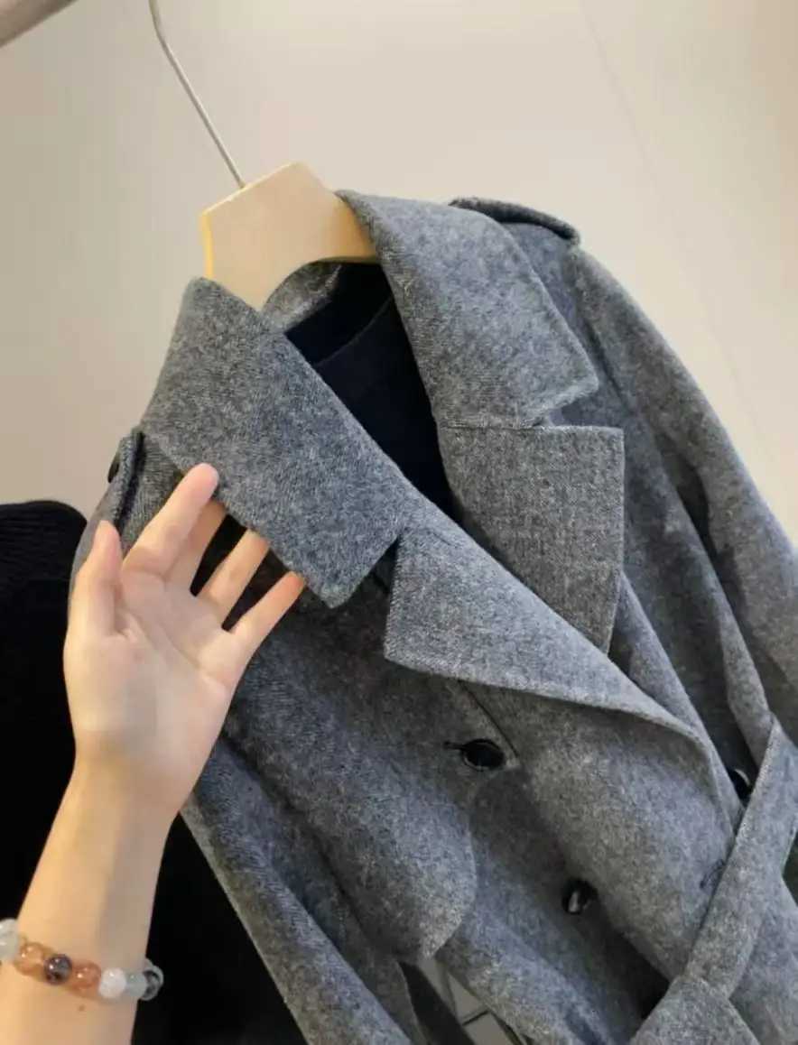 Original Grey 2025 Womens new style wool blend woolen coat with belt double-sided fleece long woolen coatT251224