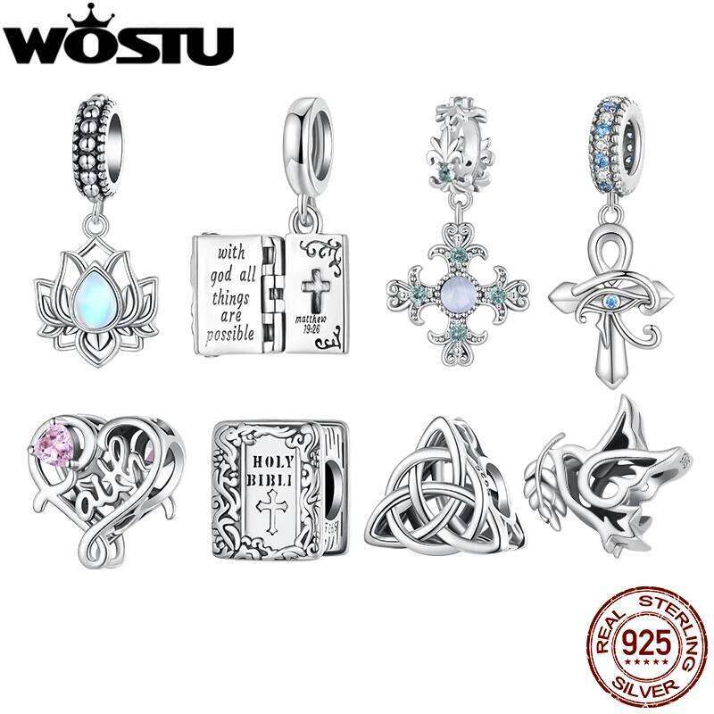 WOSTU 925 Sterling Silver Religious Openable Bible Book Charm Cross Faith Pendant Celtic Knot bead Fir Bracelet DIY Family Gift X251224