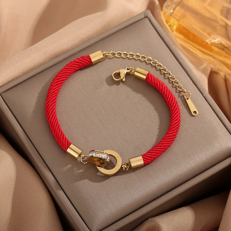 Stainless Steel Bracelets Roman Number Interlock Circle Braided Lucky Red Rope Fashion Charm Bracelet For Women Jewelry Gifts 251219