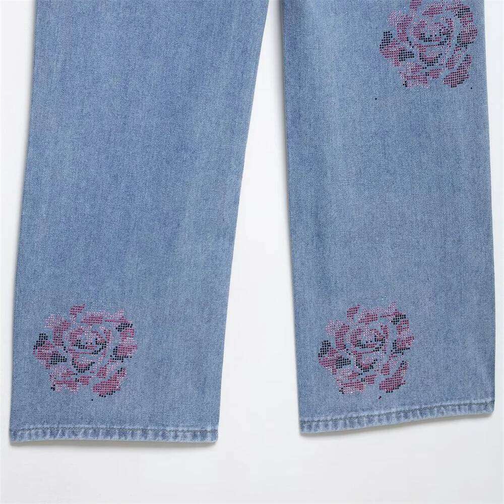 women's casual, simple and fashionable rhinestone embellished pants, summer new mid rise loose jeans X251224