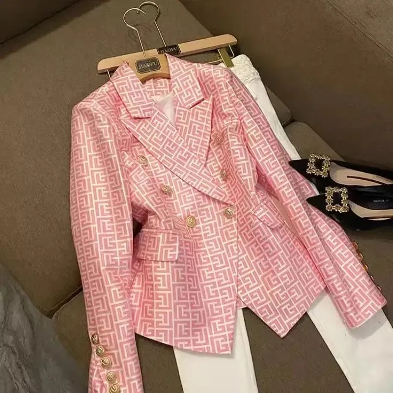 Women's Blouses France Fashion Double Breasted Pink Geometric Jacquard Slim Suit Jacket Vintage Aesthetic Office Lady Formal Coats