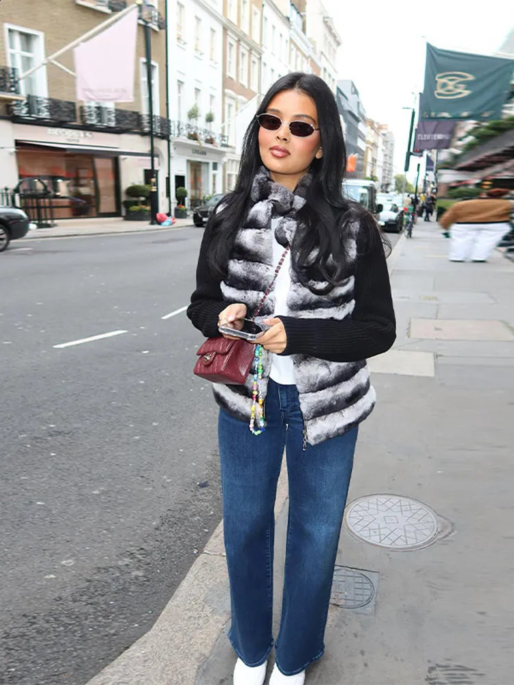 Patchwork Fur Knitted Cardigan Women Stand Collar Zipper Long Sleeve Fluffy Coat High Street Fashion Autumn Winter 2025 Sweater 251213 - view 7