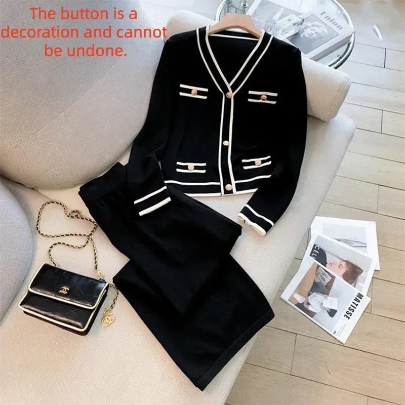 Women's Tracksuits Vintage Fall Winter Knitted 2 Piece Set Female Elegant V Neck Patchwork Sweater Top&Wide Leg Pants Suits Women Casual