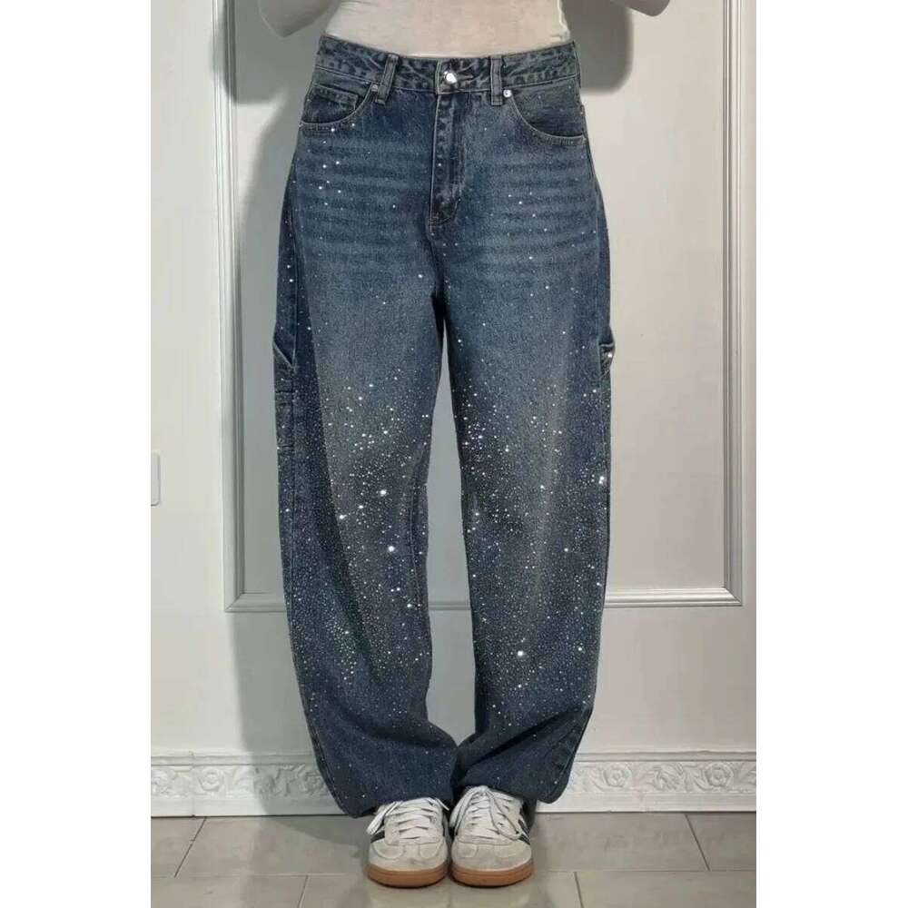 2025 New Rhinestone for Streetweart Wide Leg Denim Jeans Y2k Baggey Pants Korean Fashion Women Clothing X251224