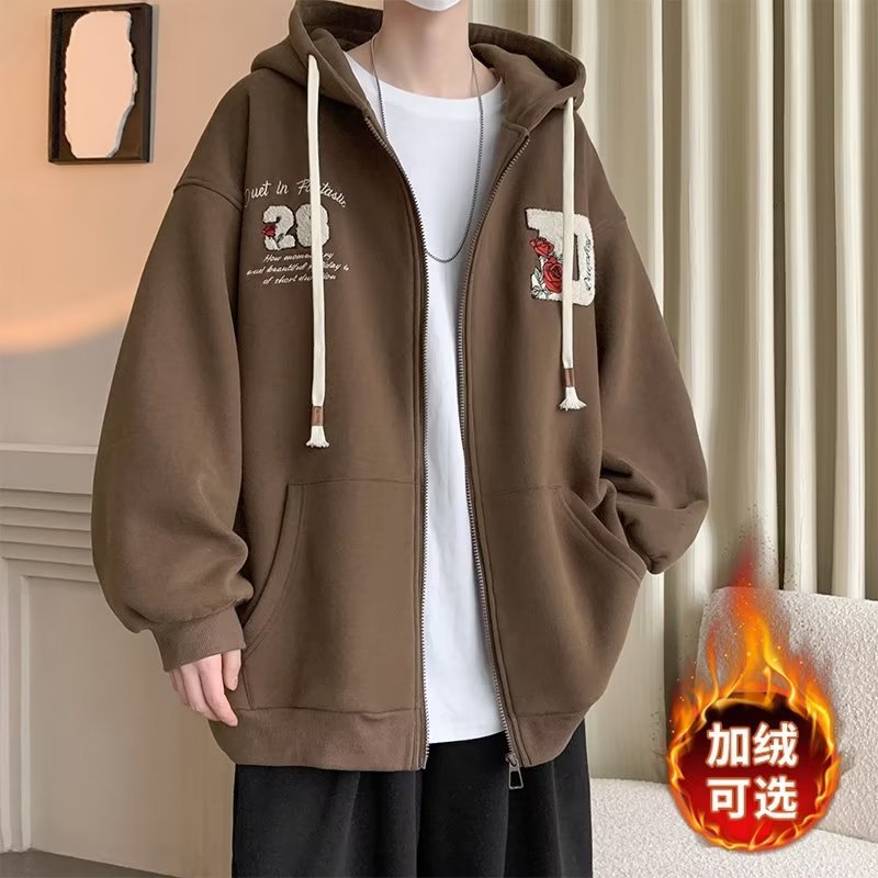 Apricot Letter Embroidered Fleece Hoodie for Men, Retro American Style, Trendy Couples' Outerwear for Spring & Autumn