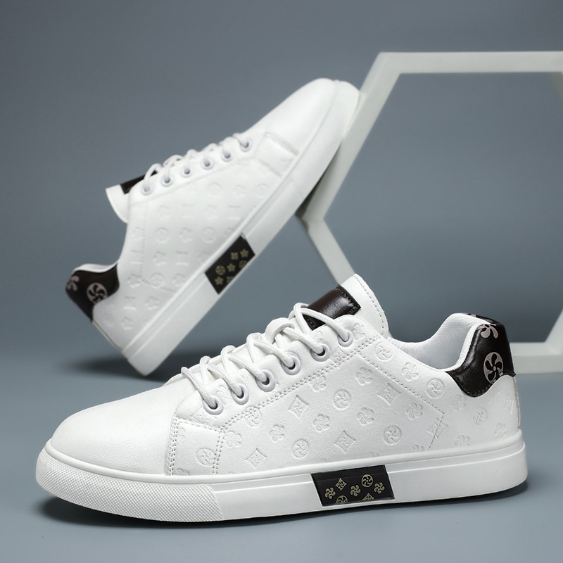 Free shipping men's black leather sneakers embossed pattern premium material comfortable stylish versatile daily wear fashionable athletic casual