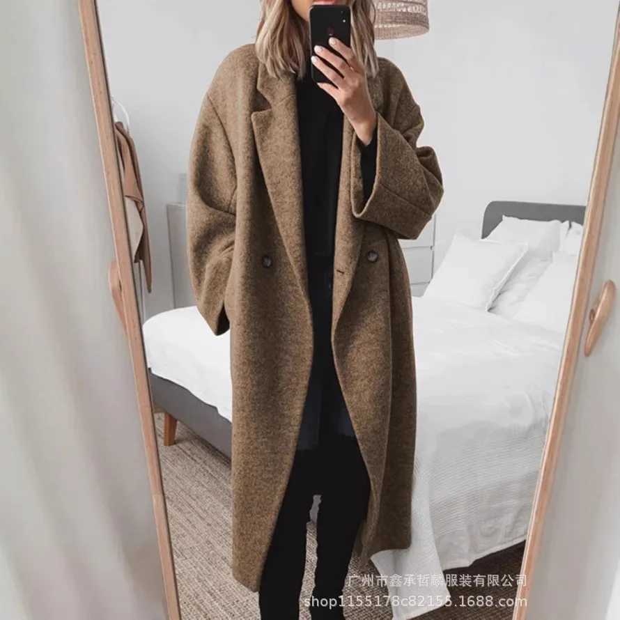 Women Wool Coat Long Jacket Autumn Winter 2025 Thick Overcoat Button Pockets Turn Down Collar Office Lady Woolen OuterwearT251224
