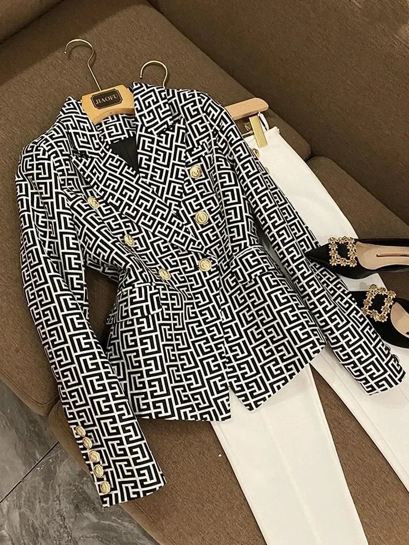 Women's Blouses France Fashion Double Breasted Pink Geometric Jacquard Slim Suit Jacket Vintage Aesthetic Office Lady Formal Coats