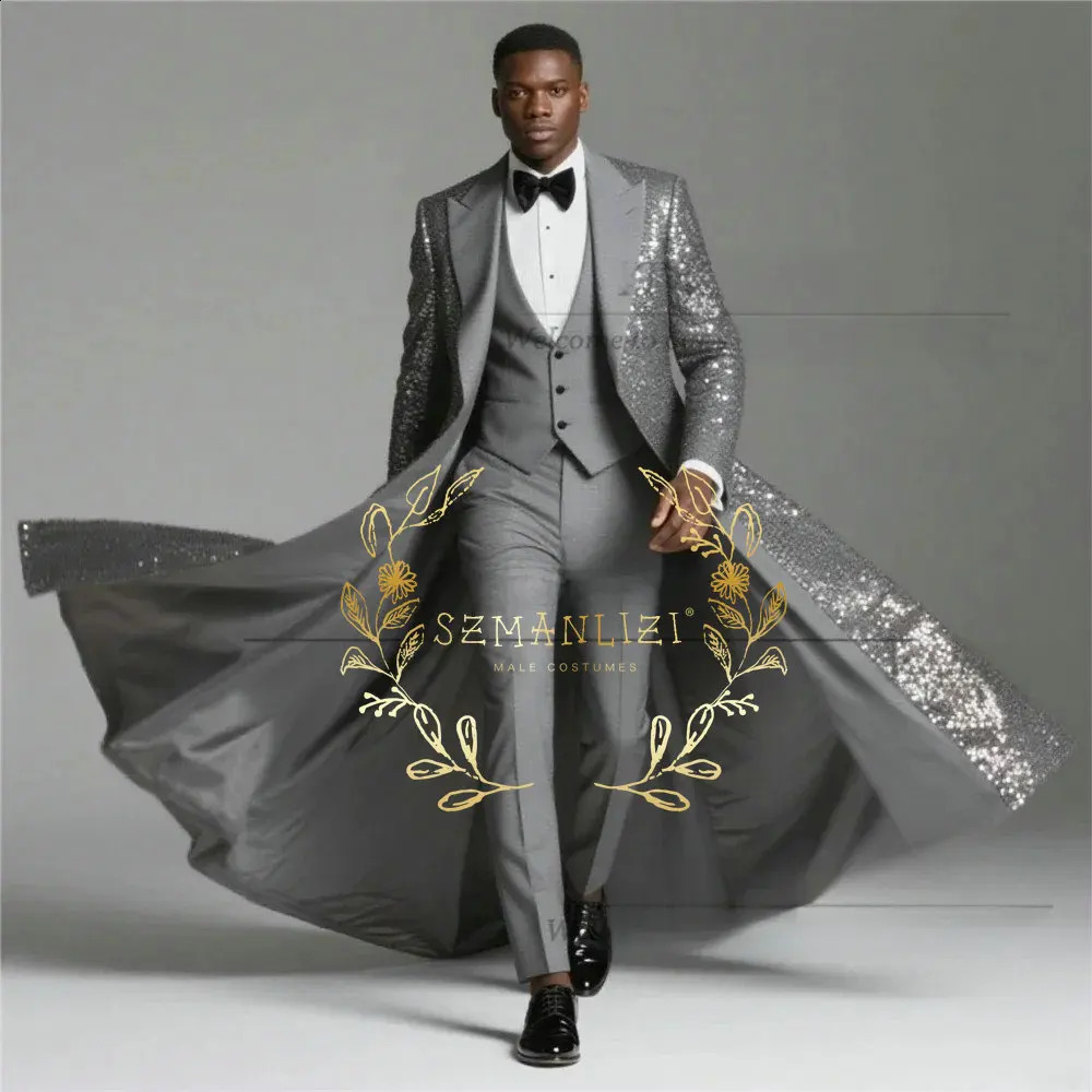 Burgundy Shiny Sequin Suits Men 3 Pieces Sets Single Breasted Groom Long Blazer Costume Homme Wedding Tuxedo Male Clothing 251223