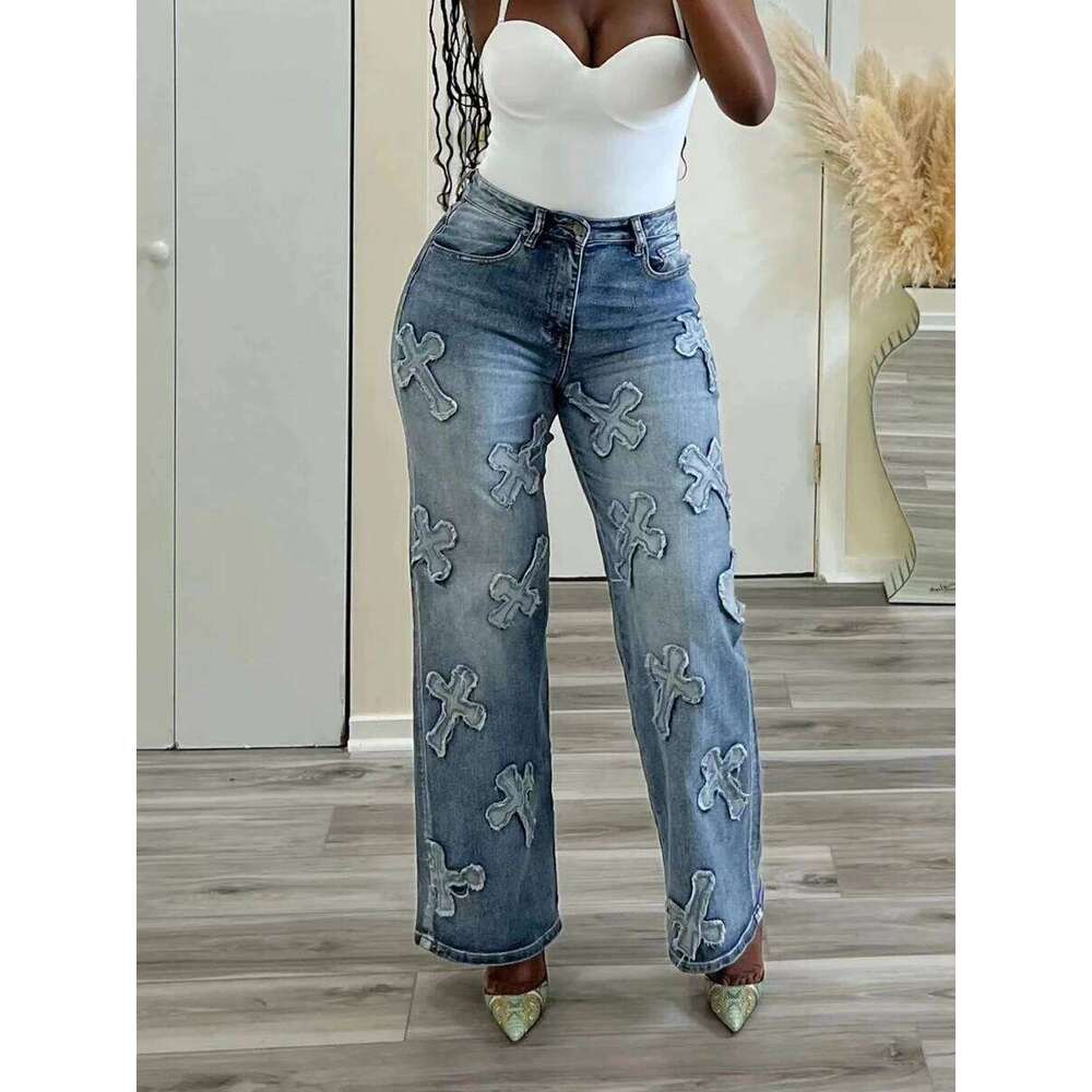 Women's Fashion Spring and Autumn New Vintage Washed Denim Tassel Cross Hip-hop Straight Leg 9-inch Pants X251224