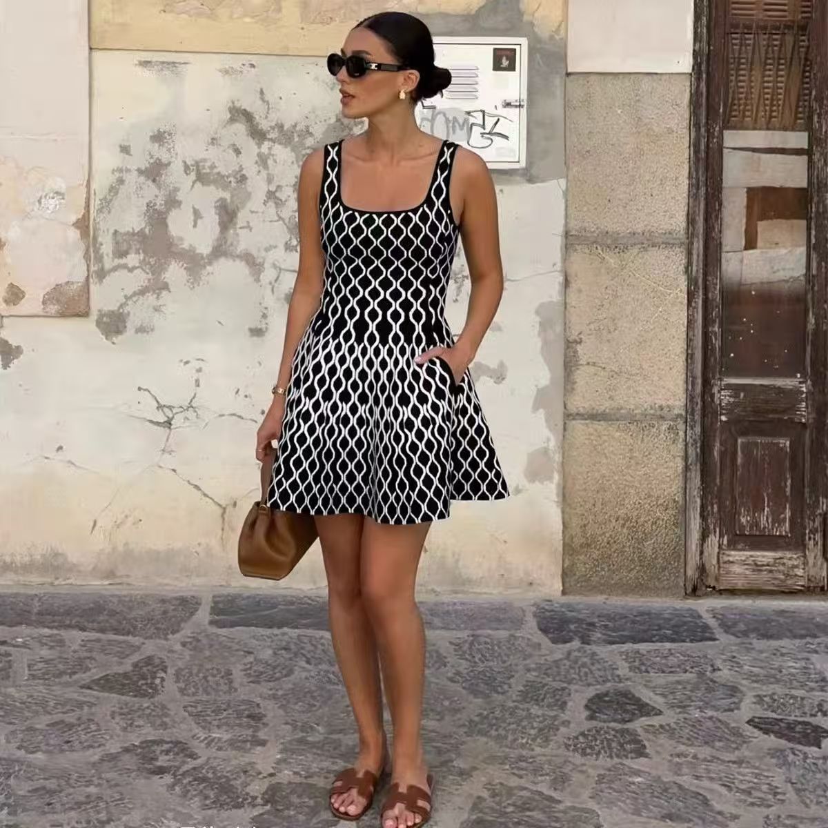 Casual Dresses Women Fashion Plaid Side Pocket Knitted Mini Dress Elegant Backless Sleeveless Pleated A-line 2025 Party Sexy Robes