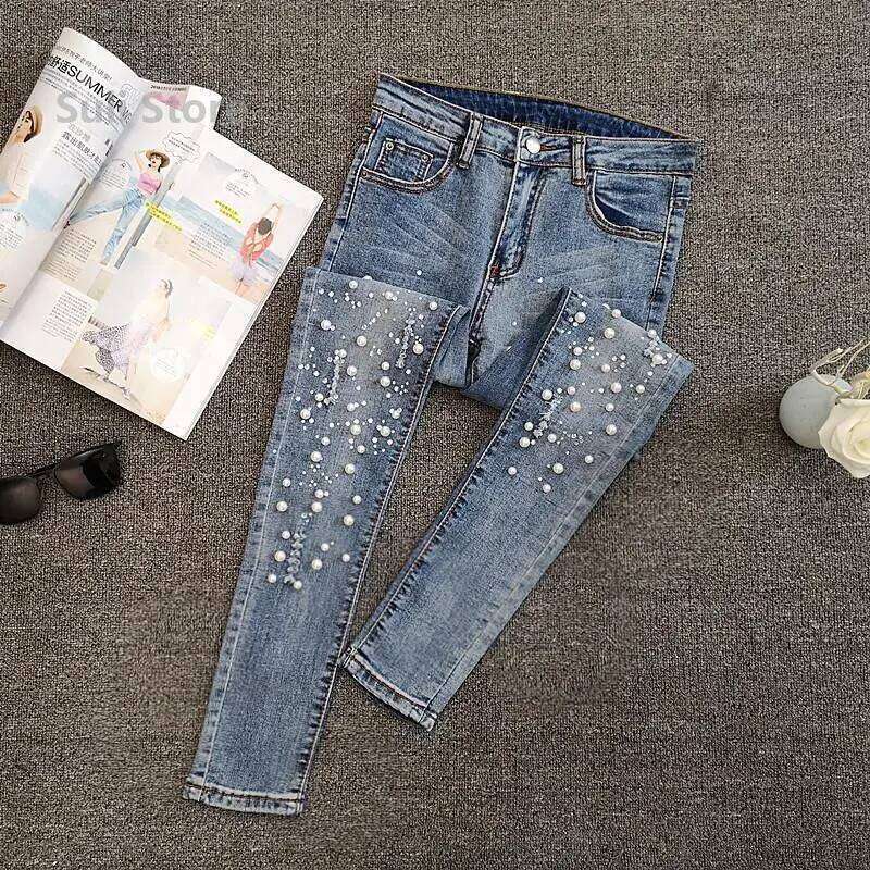 European Station Beaded Jeans Women's Summer 2025 New Versatile Ripped Elastic Skinny Small Foot Nine-point Pants X251224