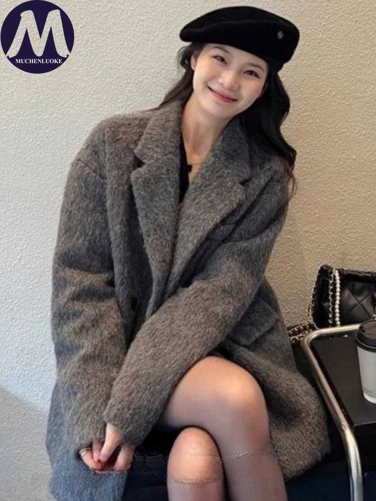 Coats for Woman Autumn Winter New Elegant Long Sleeves Thickening Woolen Suit Jacket Korean Fashion Casual Loose Keep Warm CoatT251224