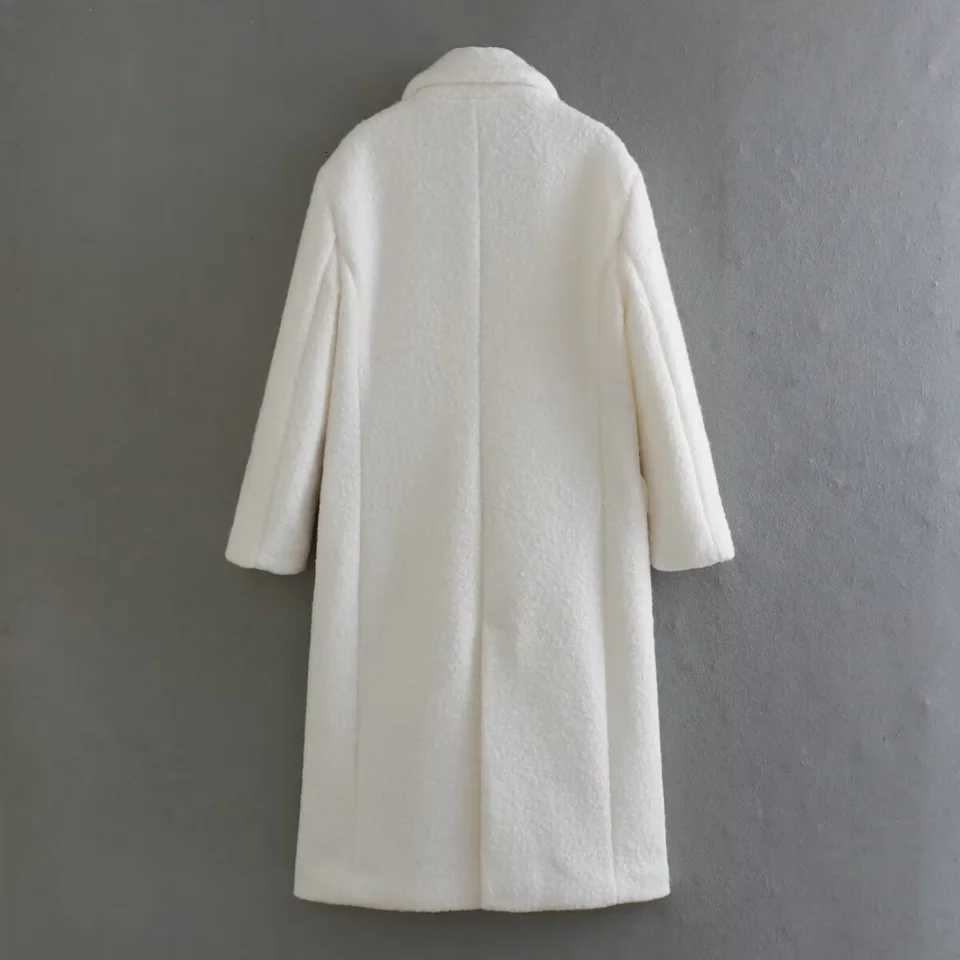 2025 Autumn Winter Women Solid White Woolen Long Cashmere Coat Fashion Blends Long Sleeve Single-Breasted Elegant OutwearT251224